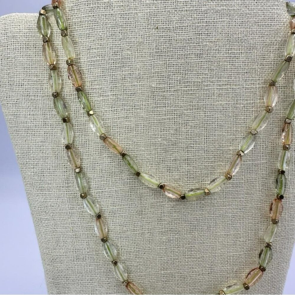 Lenox Iridescent Glass Beads Green Peach Clear Tones Gold Iridescent Necklace - Picture 2 of 9
